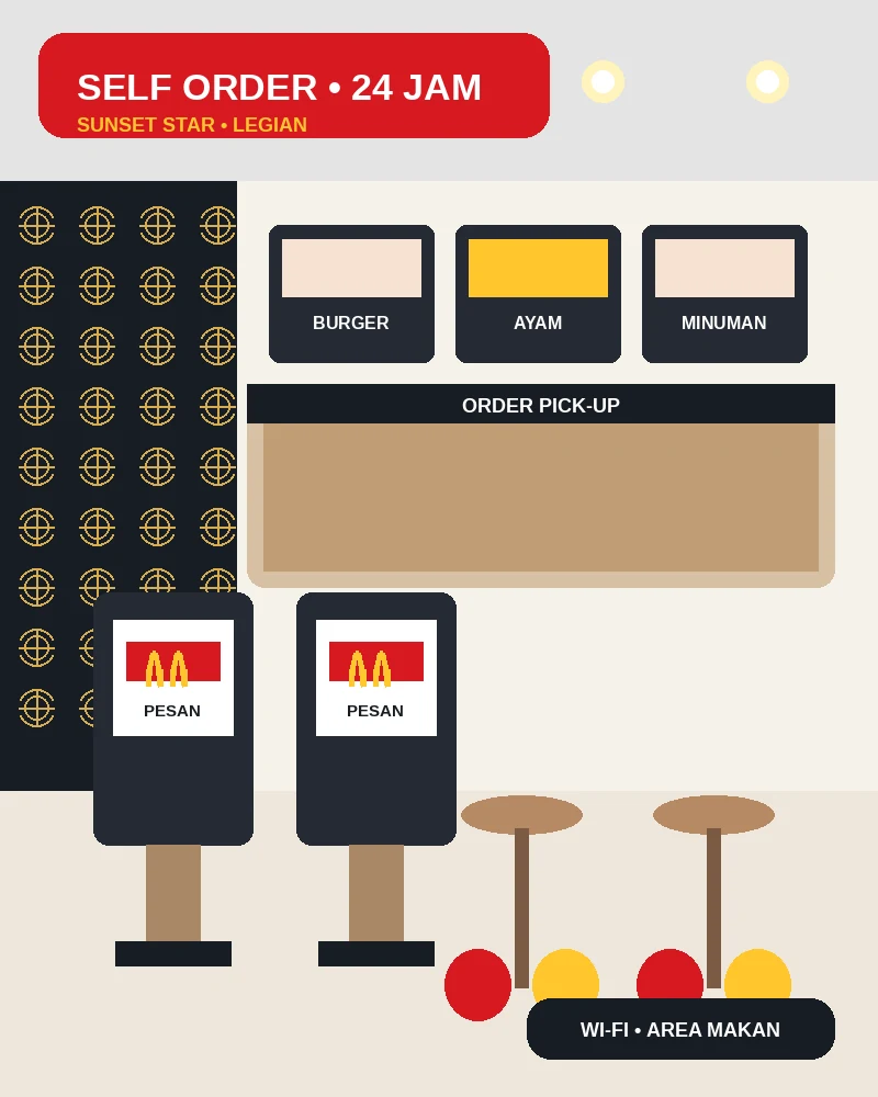 Visual area pemesanan dan tempat duduk McDonald's Sunset Star