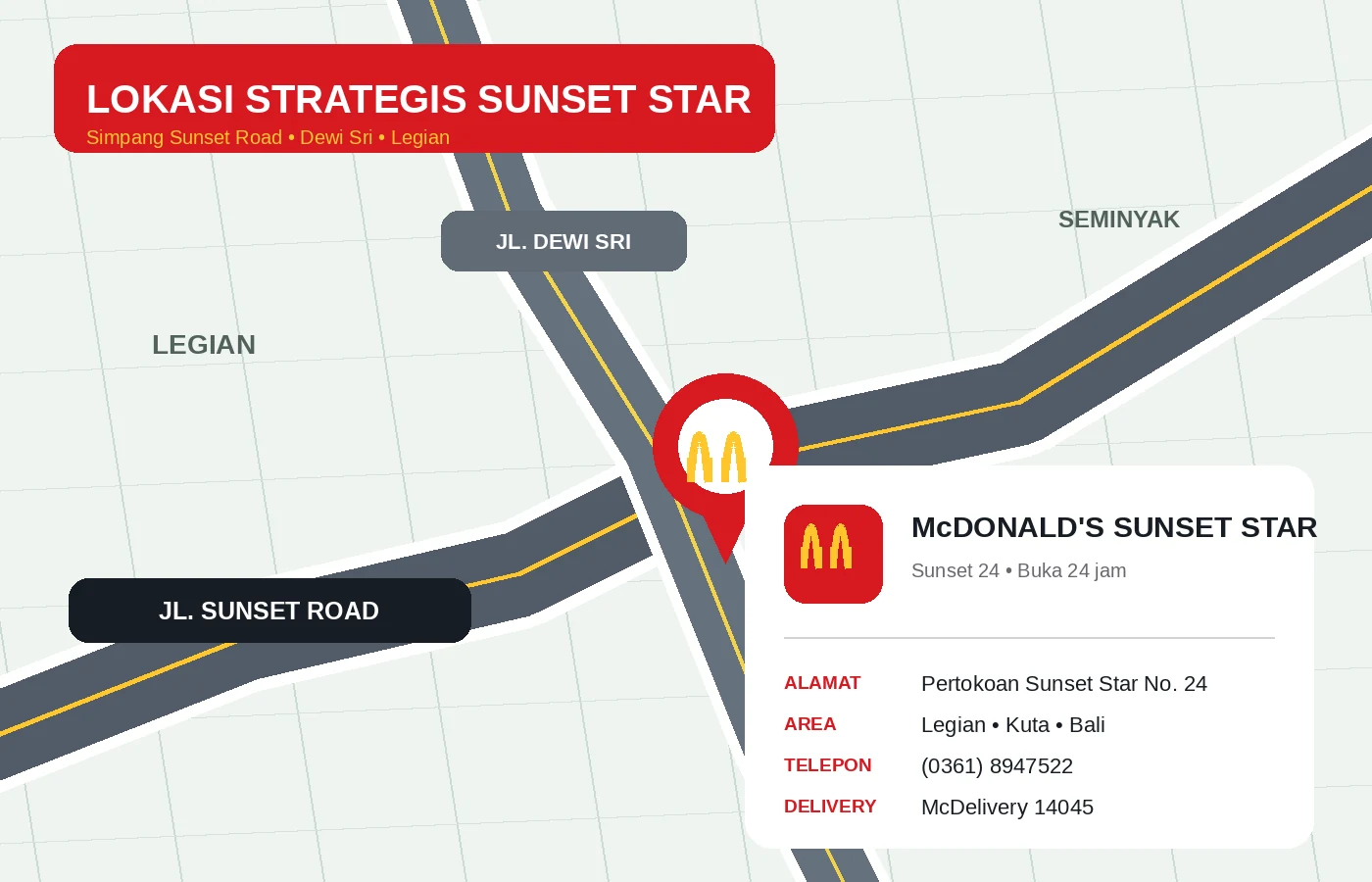 Lokasi McDonald's Sunset Star di Jl. Pertokoan Sunset Star No. 24, Kabupaten Badung
